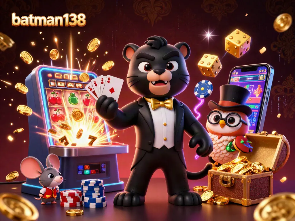 Bets at batman138 with a stylish panther, wise owl, and lucky mouse surrounded by casino elements.