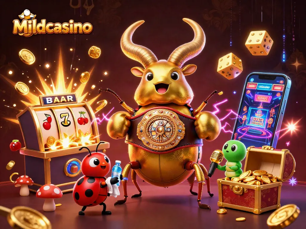 Mildcasino brings excitement with a giant golden stag beetle battling alongside dynamic slot elements.