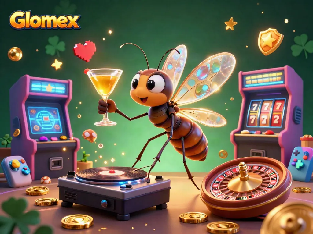 Glomex showcases a vibrant casino scene with a frozen mosquito mascot, spinning trilobite DJ, and golden roulette wheel.