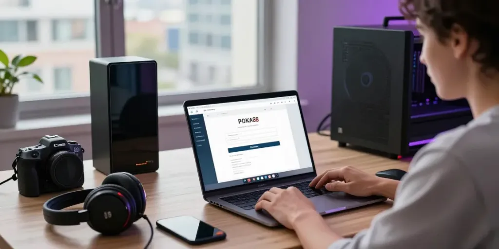 Engaging workspace with a user accessing the poka88 link login on a laptop amidst gaming gear.