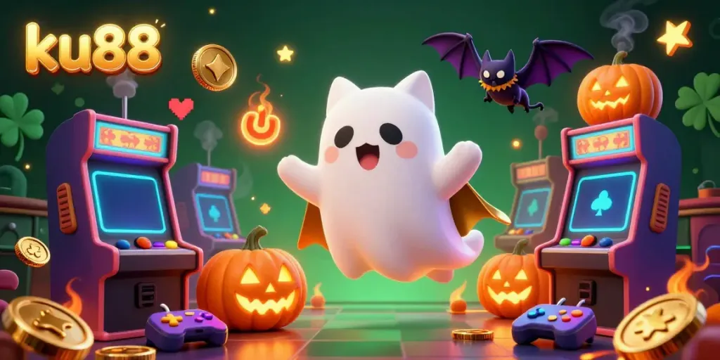 Engage in thrilling slots at ku88 with a ghost cat, a vampire bat, and glowing jack-o-lanterns in this vibrant casino illustration.