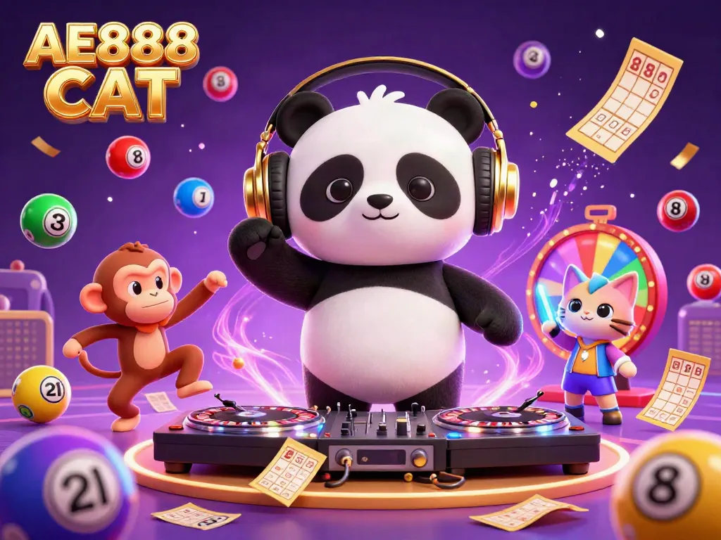 Experience the excitement of AE888 CAT with a lively casino scene featuring a DJ panda and colorful lottery elements.