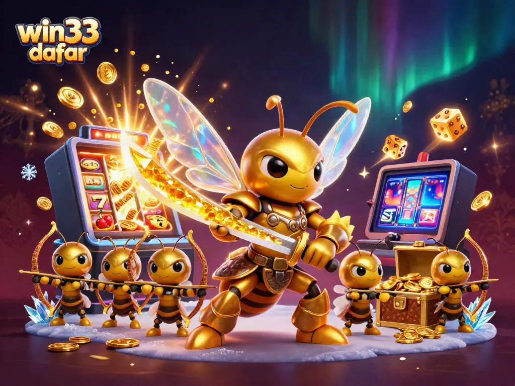 Win33 daftar shows a dynamic scene with golden hornet samurai and slot machine explosion.