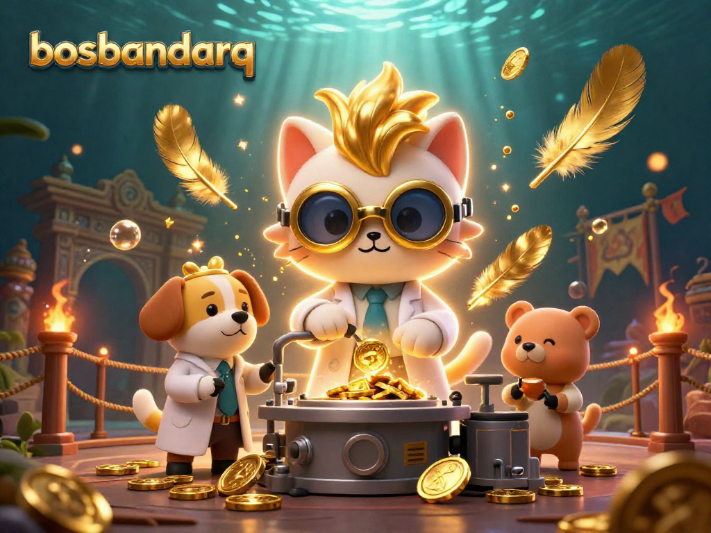Experience the thrill of bosbandarq as the mad scientist cat creates gold coins amidst sparkling particles and fun casino elements.