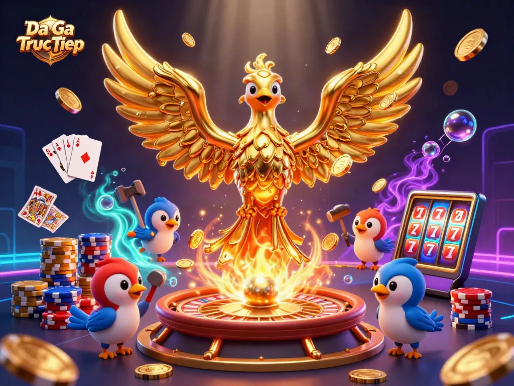 Engage in the excitement of Da Ga Truc Tiep as gold and gems shine in a vibrant casino scene.