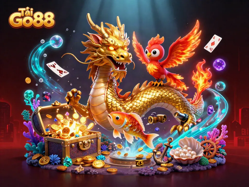 Engage with the thrilling adventure of Tải Go88 featuring a golden dragon and magical elements.
