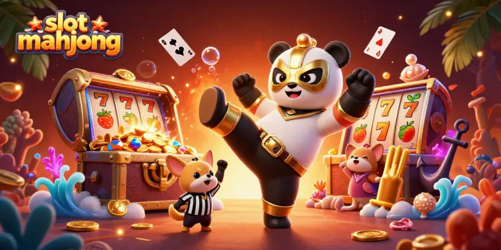 Gambar slot mahjong yang penuh warna dengan panda pegulat, chihuahua wasit, dan penonton hewan, dikelilingi elemen kasino.