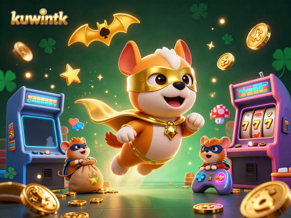 Experience thrilling excitement with kuwintk, as a superhero dog and hamster soar above a vibrant casino-themed landscape.