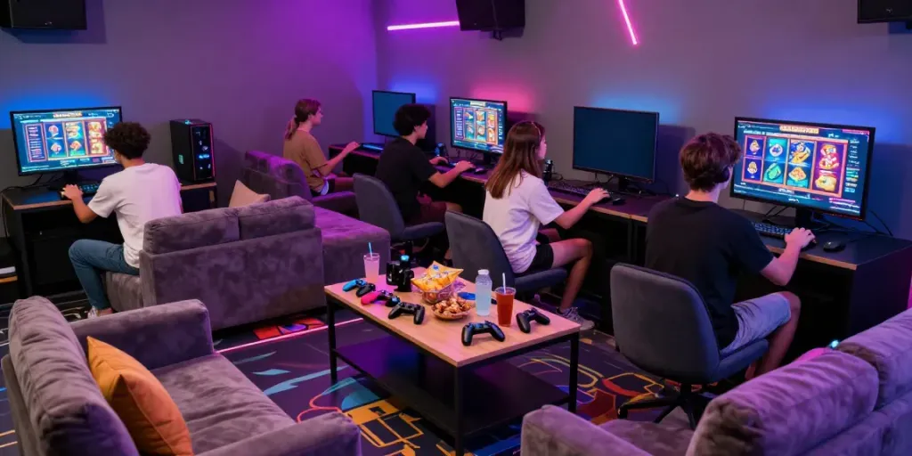 Friends enjoying a lively gaming session with slot gacor hari ini interfaces in a vibrant lounge.