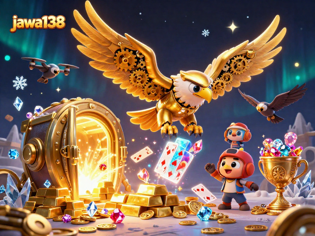 Boost your gaming experience with jawa138 as a golden eagle soars over a cascade of holographic cards.
