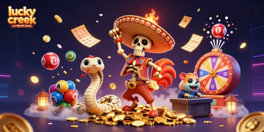 Experience the excitement of the lucky creek no deposit bonus with vibrant characters and dynamic casino elements.