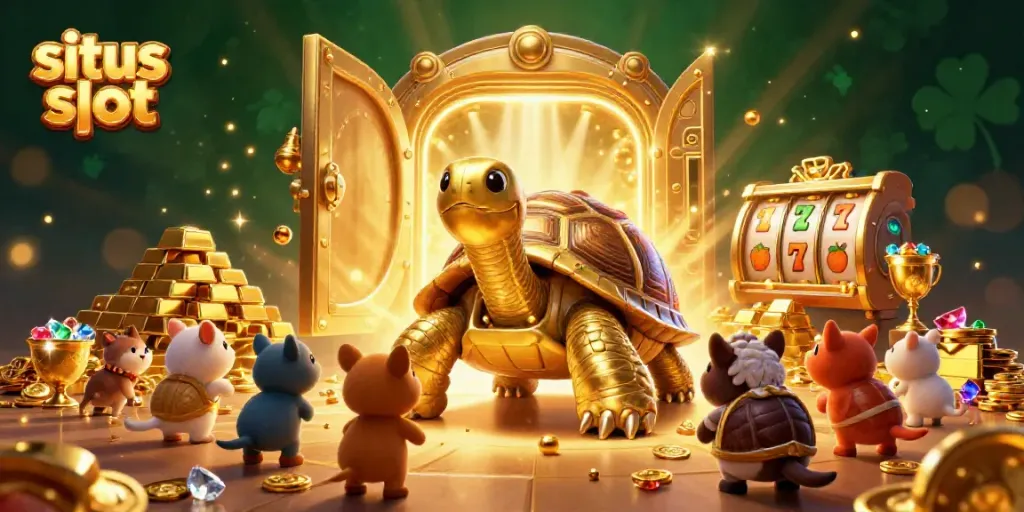 Engaging scene of a colossal golden tortoise as a pinball machine among treasures, featuring situs slot themes.