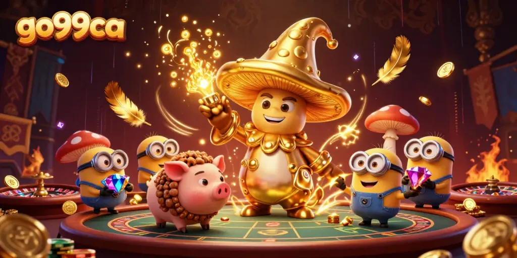Experience the magic of go99ca with a wizard, treasure pig, and unique casino elements in a vibrant 3D illustration.