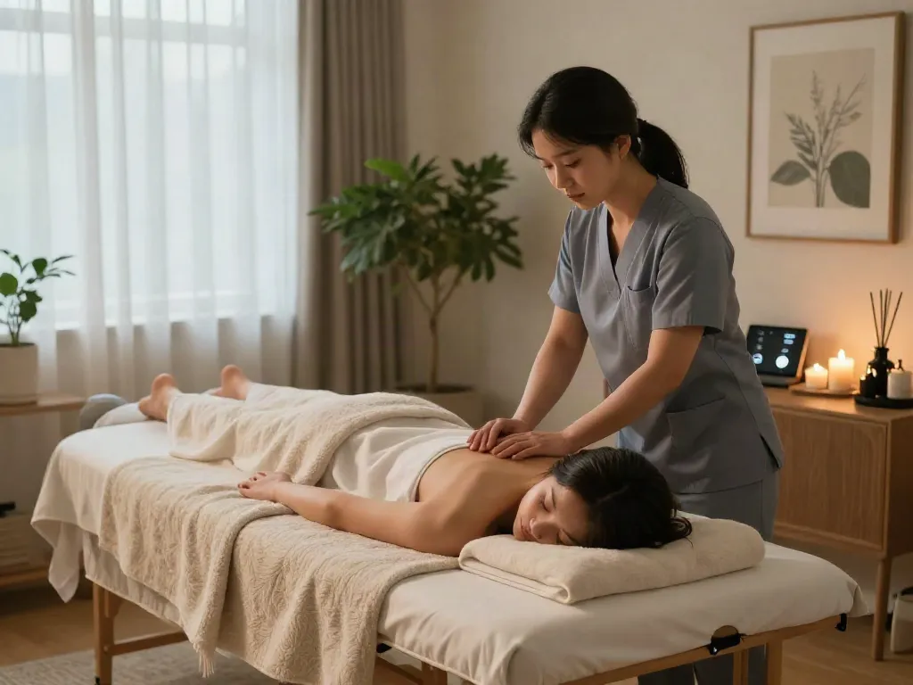 Professional therapist delivering a 시흥출장마사지 in a tranquil home environment, enhancing relaxation and comfort.