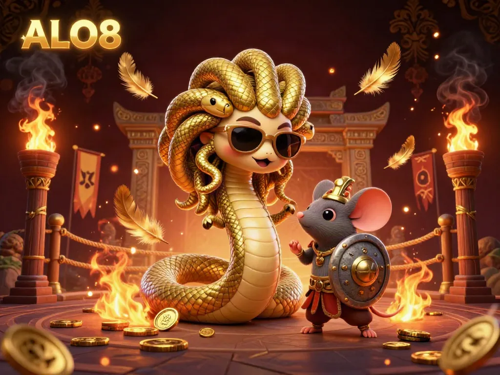 Engage with ALO8's dynamic casino scene featuring vibrant characters, gold coins, and thrilling game elements.