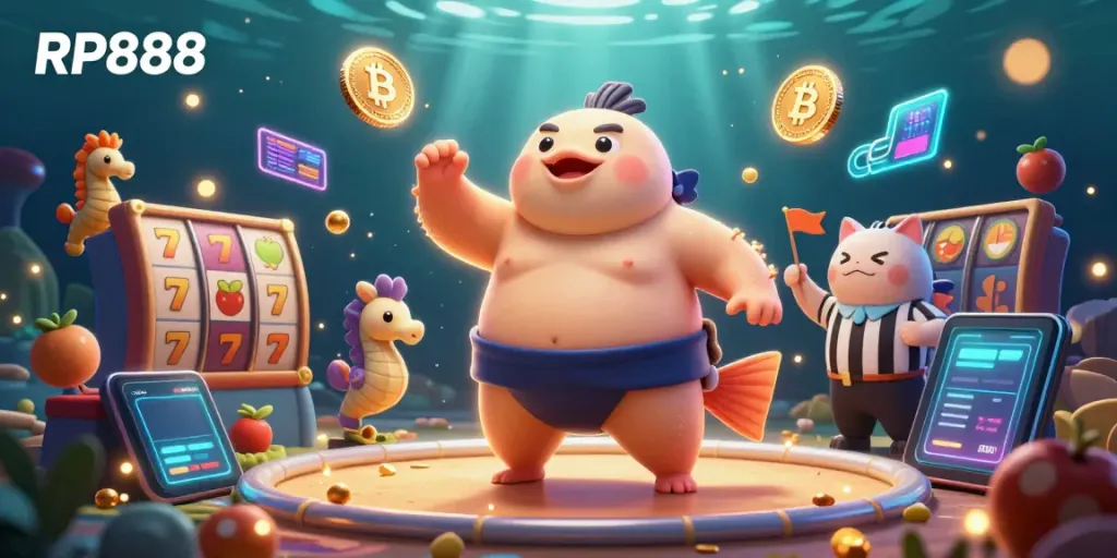 Engage in fun at RP888 with this vibrant underwater casino illustration featuring a fugu and colorful slot reels.