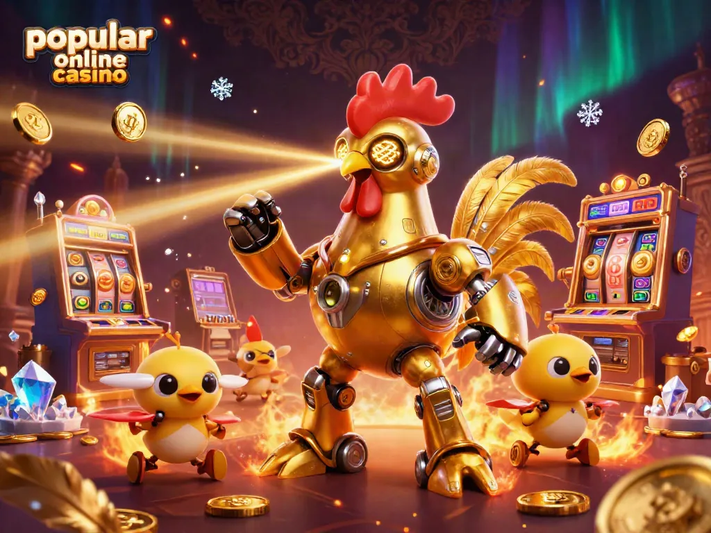 Engaging scene showcasing a popular online casino with a futuristic rooster robot and baby chick drones.