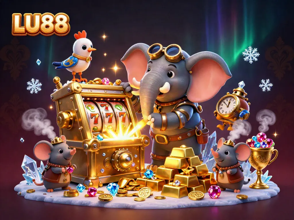 LU88 features a steampunk elephant expertly managing a golden slot machine amidst a colorful casino scene.