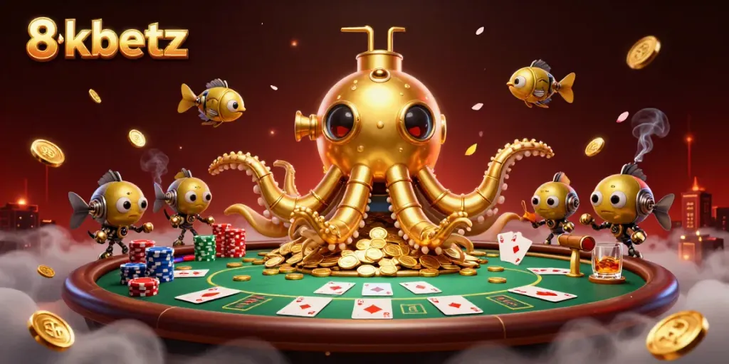 Engage in thrilling poker action with 8xbetz and a 3D golden kraken amidst rich casino elements.