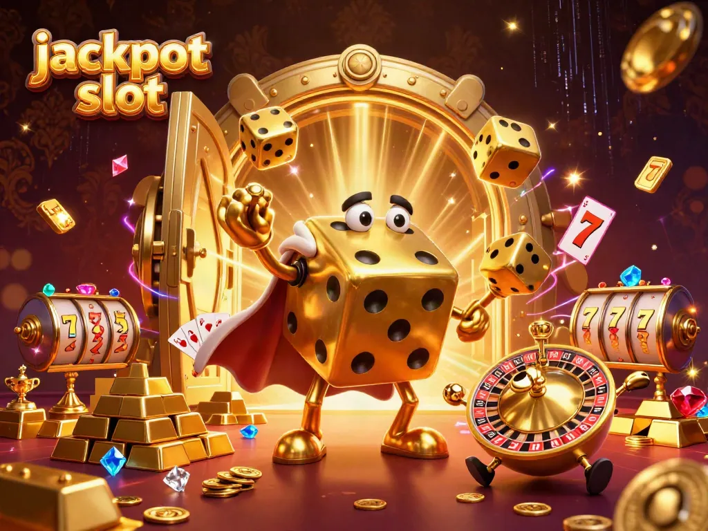 Experience the excitement of jackpot slot machines with golden dice, sparkling gems, and vibrant casino elements.