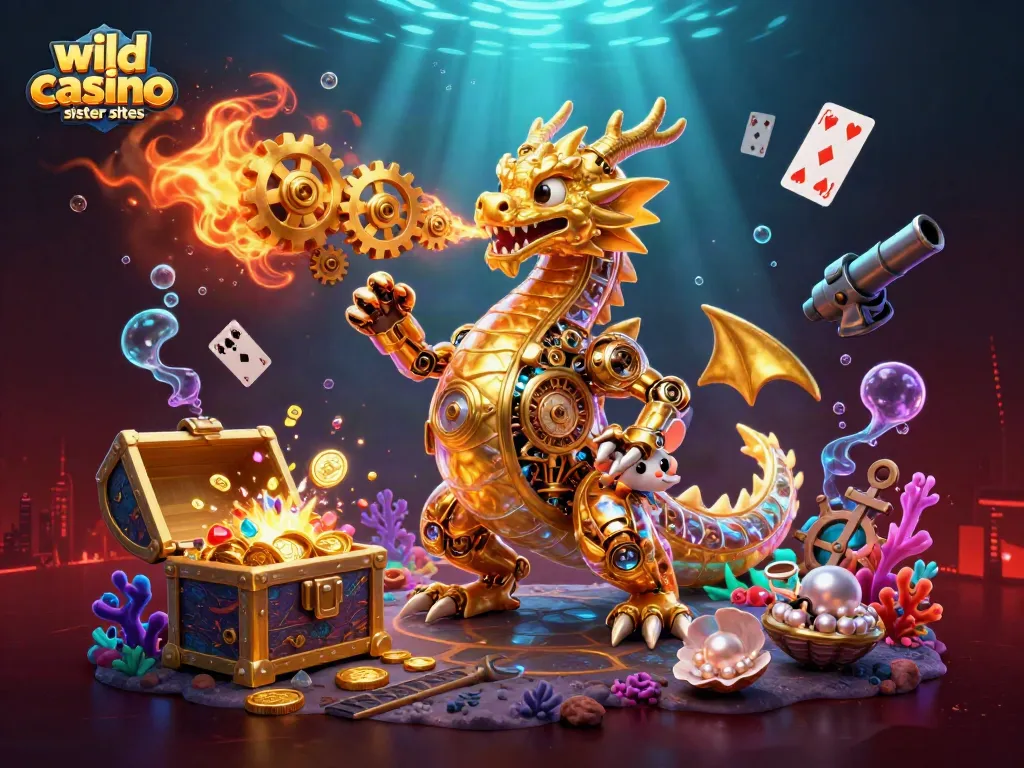 Compete with your favorite games at wild casino sister sites, featuring a golden dragon and treasure!