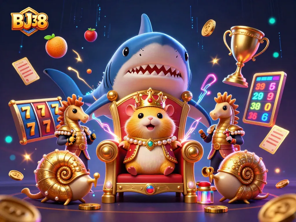 Join the thrilling experience of BJ38 with vibrant casino elements and a golden hamster king!