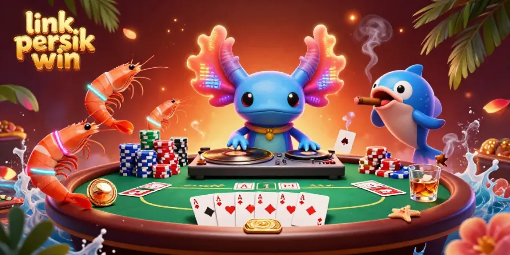 Mengambil link persik win sambil bermain poker di kasino bersama karakter kartun akuatik yang ceria dan penuh warna.