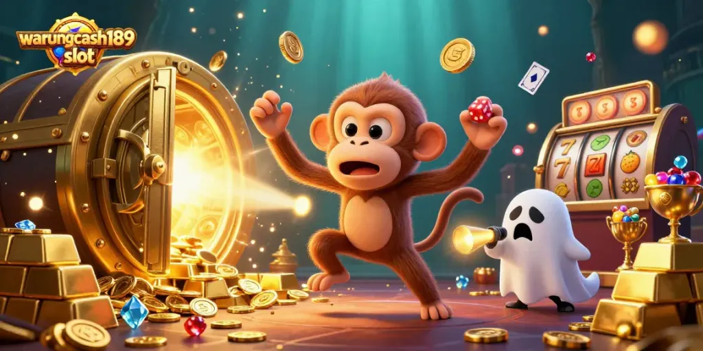 Experience thrilling gameplay at warungcash189 slot with vibrant golden treasures and a playful ghost-hunter puppy.