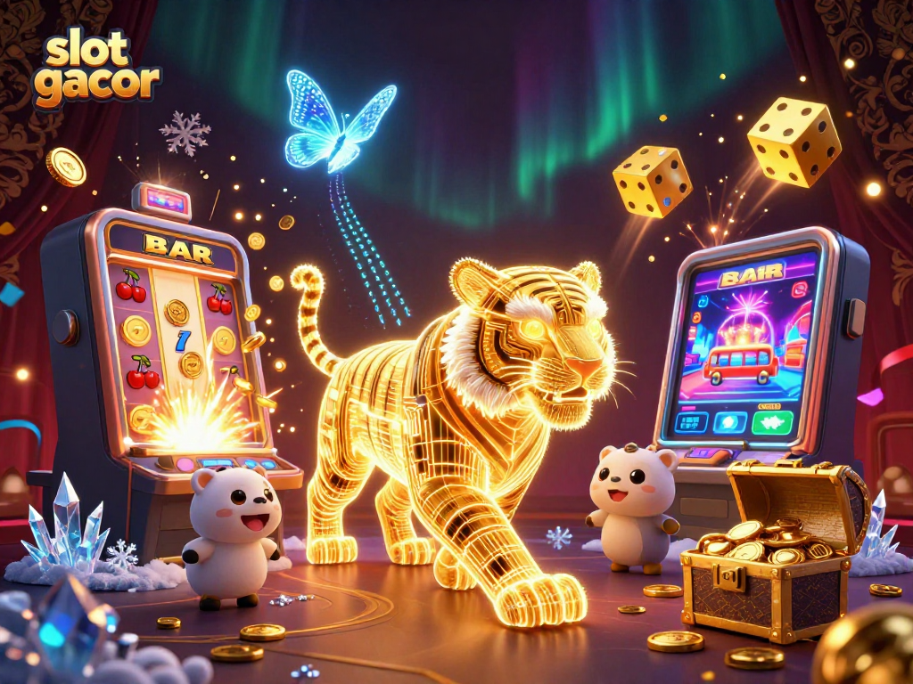 Slot gacor menawarkan petualangan kasino penuh cahaya dengan harimau emas dan mesin slot.