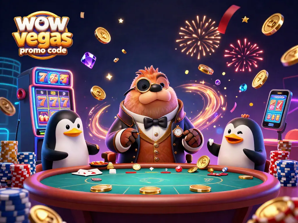 Engage with WOW Vegas promo code to earn free coins at an exciting underwater poker scene with a walrus, penguin dealer, and pufferfish.