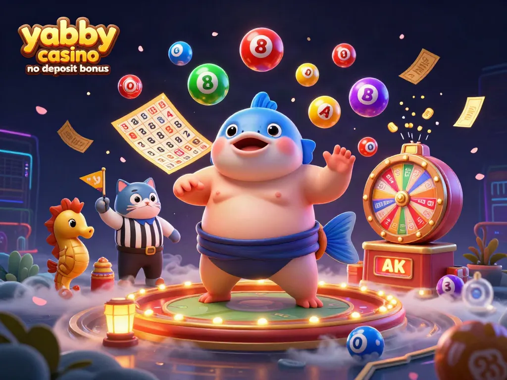 Win big with the yabby casino no deposit bonus while surrounded by vibrant, dynamic casino elements in a festive underwater scene.