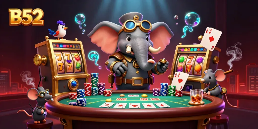 B52 game scene with a steampunk elephant engineer at the slot machine, surrounded by colorful gambling elements.