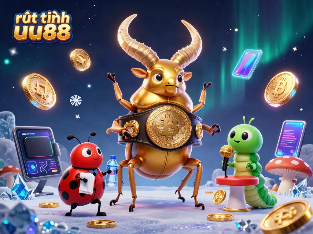Play games at rút tiền uu88 with vibrant 3D illustration featuring a golden stag beetle and crypto coins.