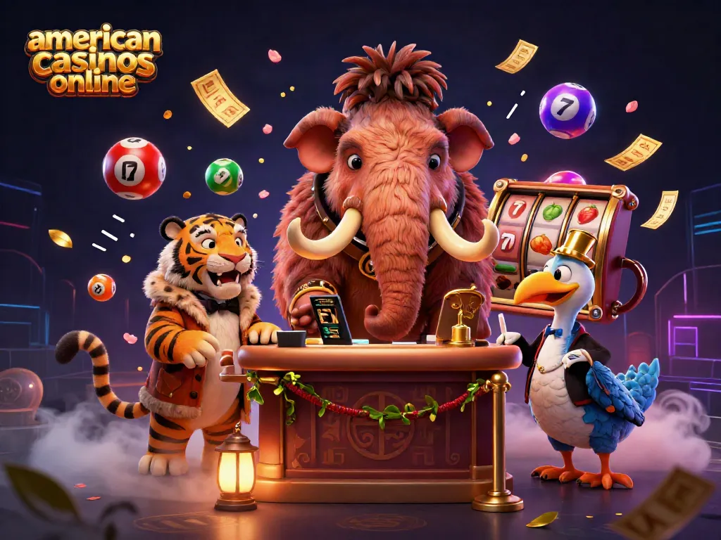 Experience fun at american casinos online with lively characters celebrating a vibrant gaming atmosphere.