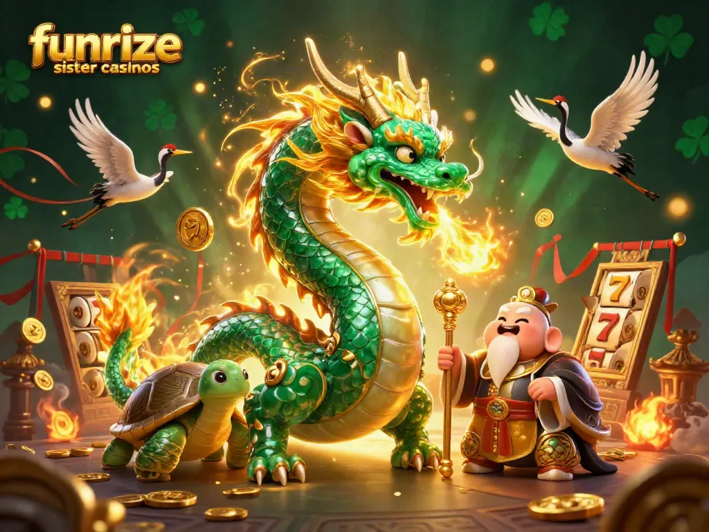Engage with funrize sister casinos in this vibrant 3D illustration featuring a jade dragon and dynamic casino elements.