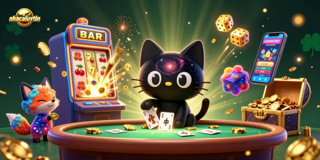 Engage with the vibrant universe of nhacaiuytin, featuring a cosmic casino scene with animated 3D characters.