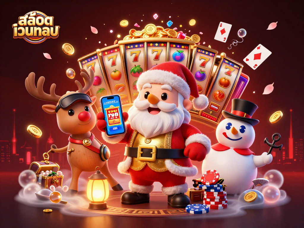Experience thrilling gameplay at สล็อตเว็บตรง with Santa and friends at a vibrant casino scene.