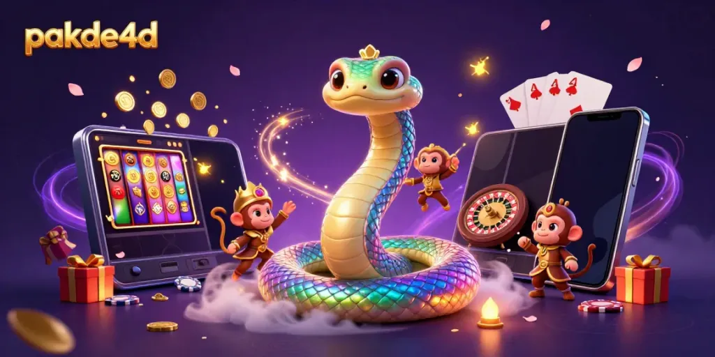 Feel the excitement with pakde4d as a mystical rainbow serpent coils around golden elements amidst gaming thrills.